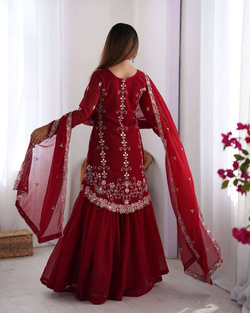 Women's Faux Georgette Sequins & Thread Work Straight Kurta With Sharara Suit and Dupatta Set - Image 10